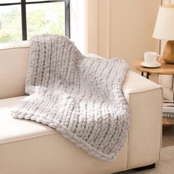 Chunky Knit Blanket Throw: 30''x40'' Chenille Knitted Throw Blankets for Bed Couch - Handmade Thick Big Cable Knot Blanket - Large Chunky Crochet Rope Blankets for Home Decor(Grey)
