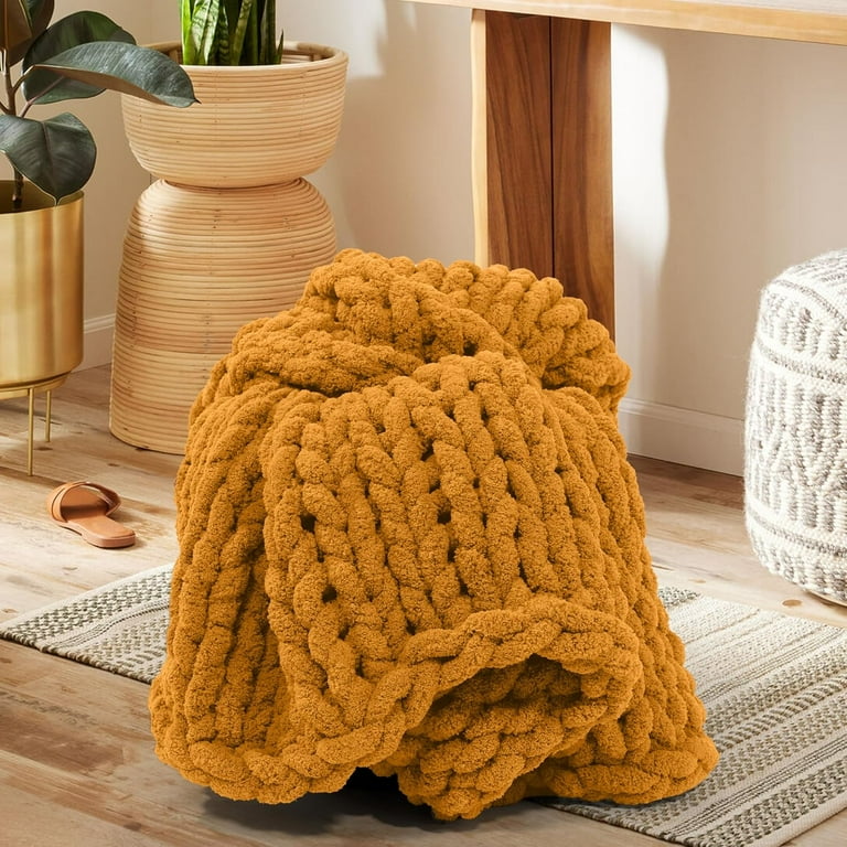 Chunky Knit Blanket Throw, 50''*60'' Burnt Orange Crochet Chenille