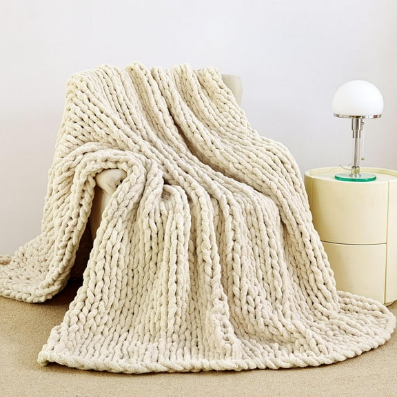 Chunky Knit Blanket Throw 51"x63", 100% Hand Knit Chenille Throw Blanket for Sofa & Home Decor, Soft and Cozy Knitted Throw Blankets (Ivory,51"x63")