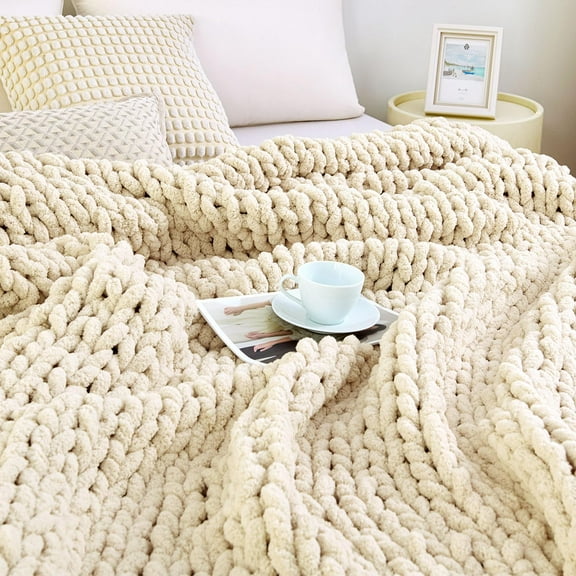 Chunky Knit Blanket Throw 51"x63", 100% Hand Knit Chenille Throw Blanket for Sofa & Home Decor, Soft and Cozy Knitted Throw Blankets (Ivory，51"x63")