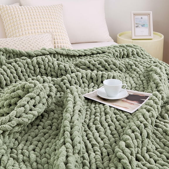 Chunky Knit Blanket Throw Hand Knit Chenille Throw Blanket for Sofa & Home Decor, Soft and Cozy Knitted Throw Blankets