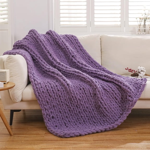Chunky Knit Blanket Throw Knitted Throw Blankets for Couch Bed Fluffy Soft Blanket with Jumbo Chenille Yarn Thick 100% Handmade (Purple, 51"×63")