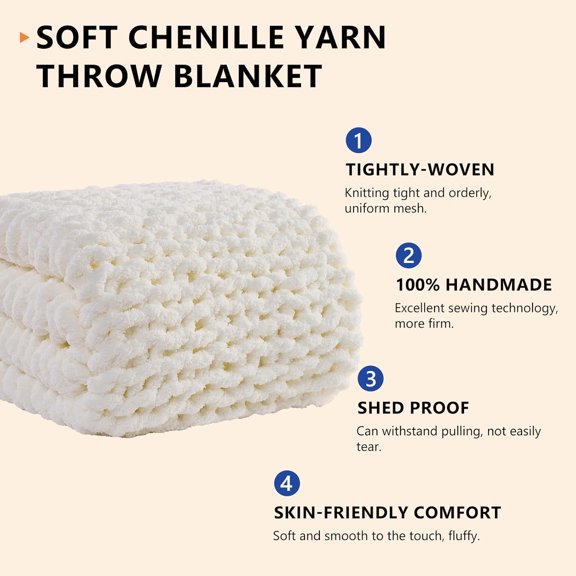 Chunky Knit Blanket Throw Soft Chenille Yarn Large Rope for Couch Sofa Bed Home Decor White