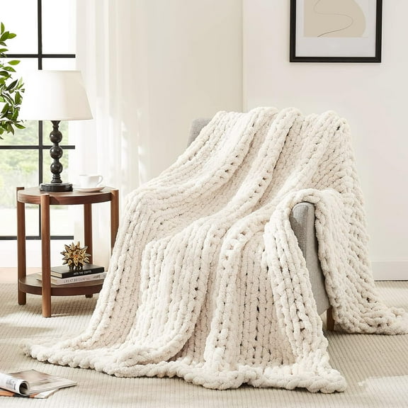 Chunky Knit Blanket Throw,Soft Chenille Yarn Throw 50x60，Handmade Thick Cable Knit Crochet Blanket, Large Rope Knot Throw Blanket for Couch Home Decor