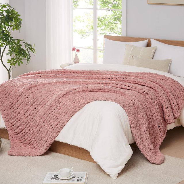 Chunky Knit Blanket Throw Soft Chenille Yarn Throw 50x60，Handmade Thick