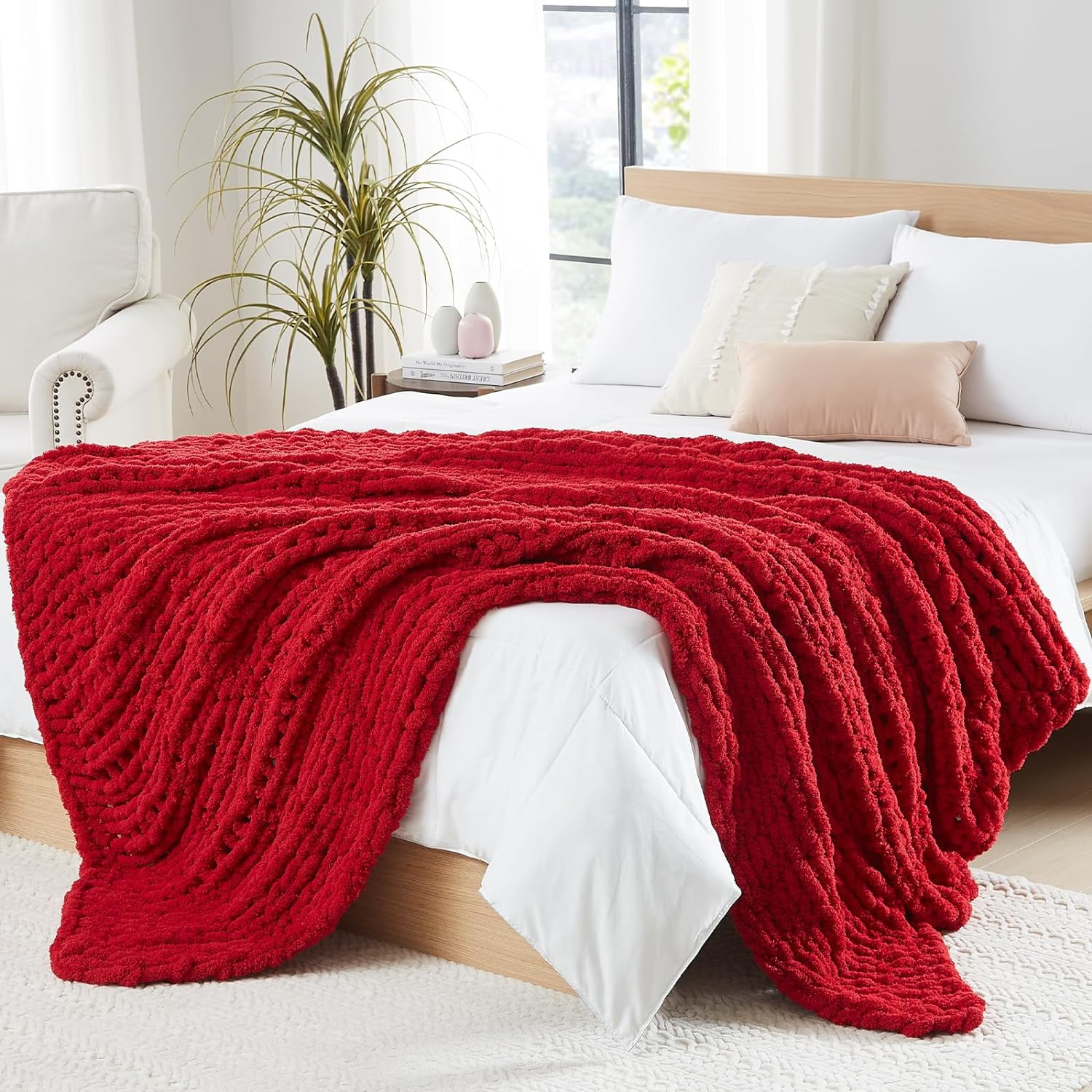 Red Chunky Knit Chenille Throw Blanket 50x60
