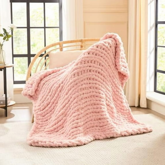 Chunky Knit Blanket Throw - Soft Chenille Yarn Throw Blanket 40x50: Handmade Thick Cable Knit Crochet Blanke - Large Knit Blanket Chunky Rope Knot Throw Blanket for Couch Sofa Bed Home Decor