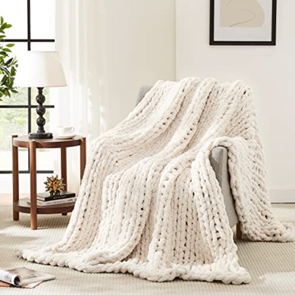 Chunky Knit Blanket ThrowSoft Chenille Yarn Throw Blanket 50x60Handmade Cable Knit Crochet Blanket Large Knit Blankets Chunky Yarn Rope Knot Throw Blanket for Couch Sofa Bed Home Decor