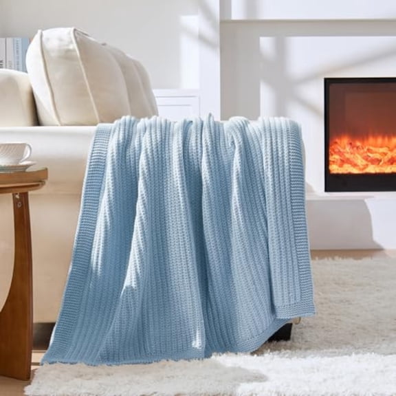 Chunky Knit Blue Throw Blanket for Couch Soft Cozy Thick Cable Knitted Throw Blankets for Sofa Bed Cute Decorative Throw Blanket for Living Room50x 60 Light Blue