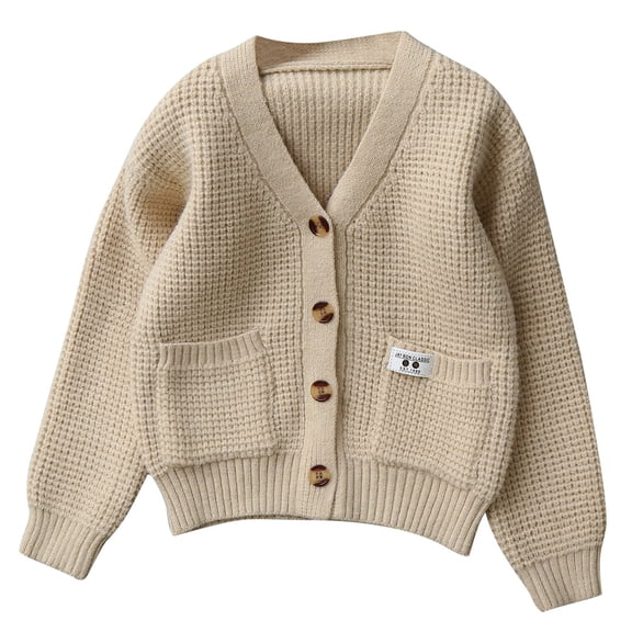 Chunky Knit Cardigan Girls Kids Casual V Neck Button-Up Sweater with Pockets Winter Fall Loose Coats Khaki, 11 Y