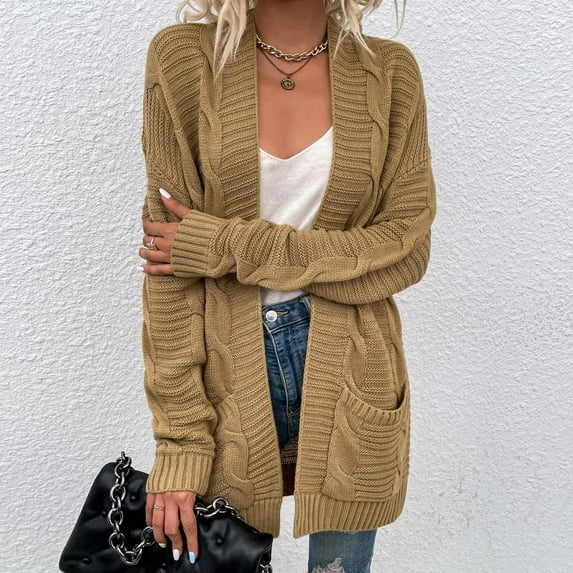Chunky Knit Cardigans for Women Long Sleeve Open Front Sweaters Solid Color Above the Knee Cardigan Fall Knitwear Khaki L