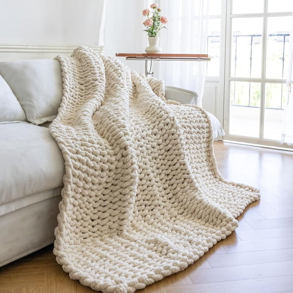 Chunky Knit Chenille Throw Blanket 60 x 80 Inches Cream