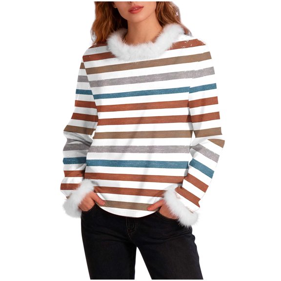 Chunky Knit Cotton Sweater Womens White Faux Fur Trim Holiday Striped Pullovers Long Sleeve Fall Ladies Sweaters Orange, S