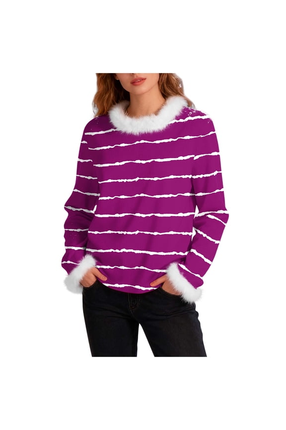 Chunky Knit Cotton Sweater Womens White Faux Fur Trim Holiday Striped Pullovers Long Sleeve Fall Ladies Sweaters Purple, XXL