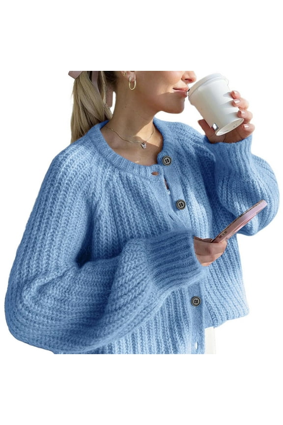 Chunky Knit Cropped Cardigan for Women Long Sleeve Button Down Raglan Sweater Fuzzy Soft Crew Neck Tops Blue, XXXL