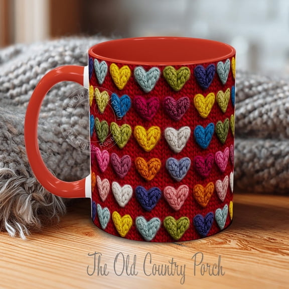 Chunky Knit Heart Coffee Mug Red 3D Effect Embroidered Style Ceramic Cup Cozy Valentine's Day Gift for Her