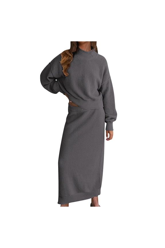 Chunky Knit Lounge Sets for Women Pullover Mock Neck Sweaters with Maxi Skirt Elegant Sweater Dress 2 Piece Outfits
