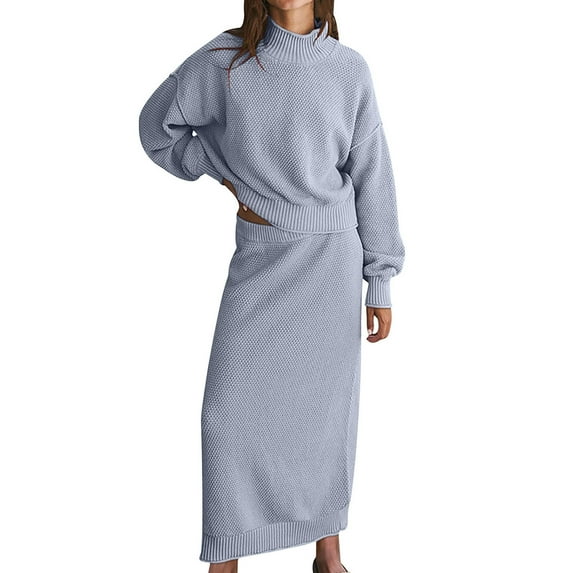 Chunky Knit Lounge Sets for Women Pullover Mock Neck Sweaters with Maxi Skirt Elegant Sweater Dress 2 Piece Outfits