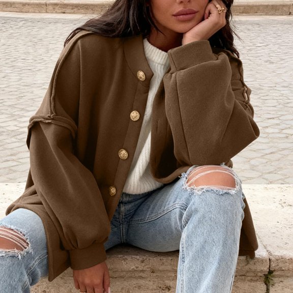 Chunky Knit Sweater Button Down Mock Neck Open Front Winter Casual Outerwear Womens Cardigan with Pockets