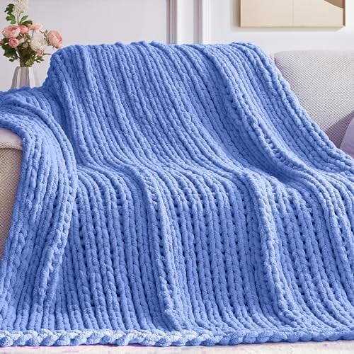 Chunky Knit Throw Blanket, 40''*50'' Knitted Throw Chenille Yarn for Bed Couch, Handmade Light Blue Crochet Big Thick Blanket, Machine Washable Cute Comfy Blanket for Home Decor