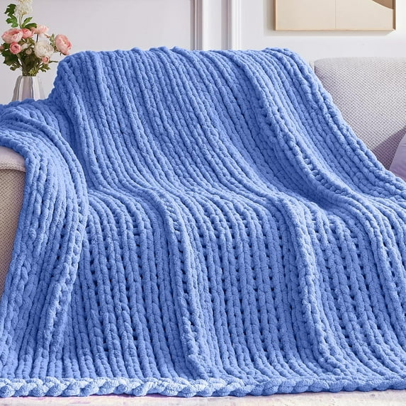 Chunky Knit Throw Blanket, 50''*60'' Knitted Throw Chenille Blankets for Bed Couch, Handmade Light Blue Crochet Blanket Big Thick Blanket, Machine Washable Cute Comfy Blanket for Home Decor