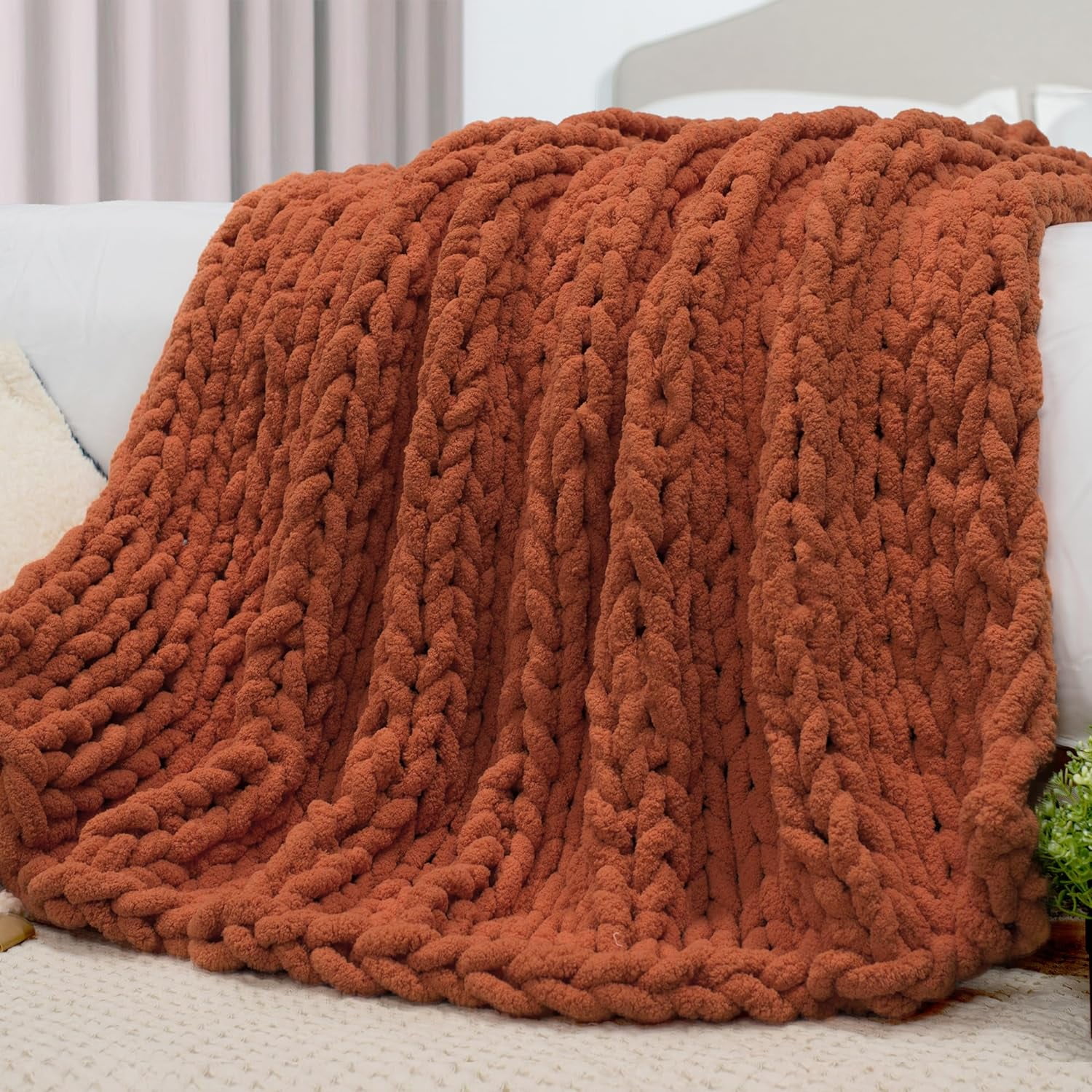 Chunky Knit Throw Blanket 50" X 60", 100 Hand Made Large Chenille Loop
