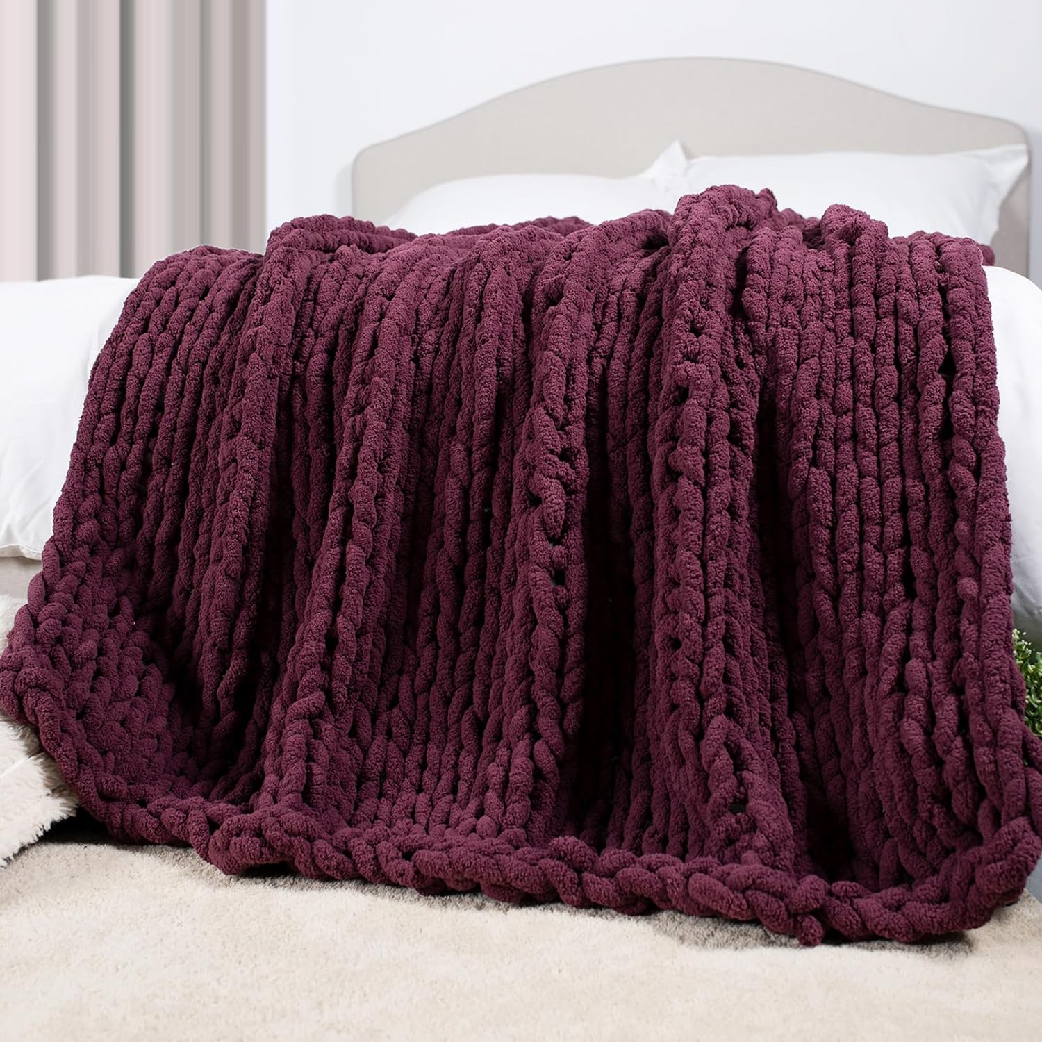 Chunky Knit Throw Blanket 50" X 60", 100 Hand Made Large Chenille Loop