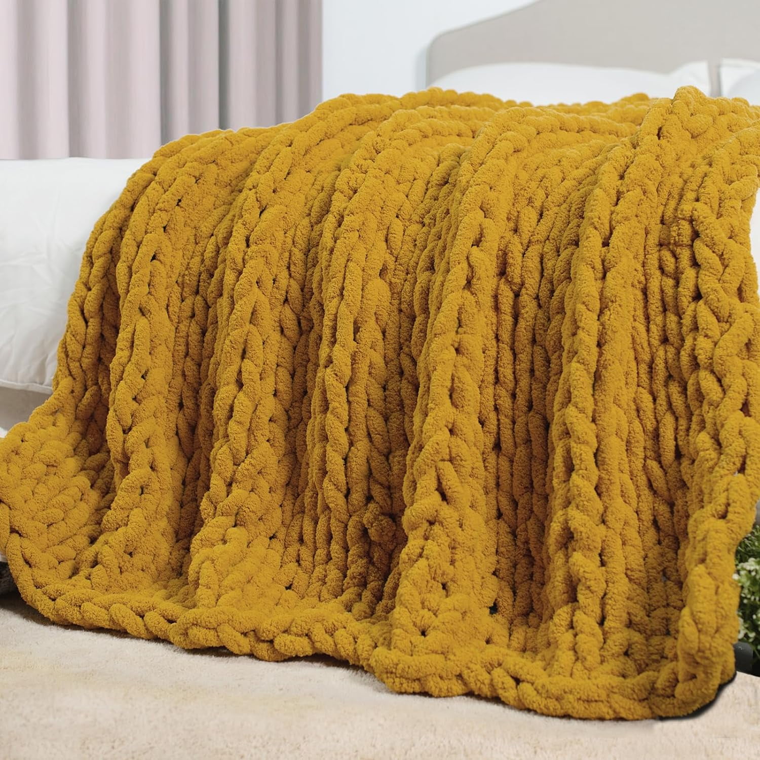 Chunky Knit Throw Blanket 50" X 60", 100 Hand Made Large Chenille Loop