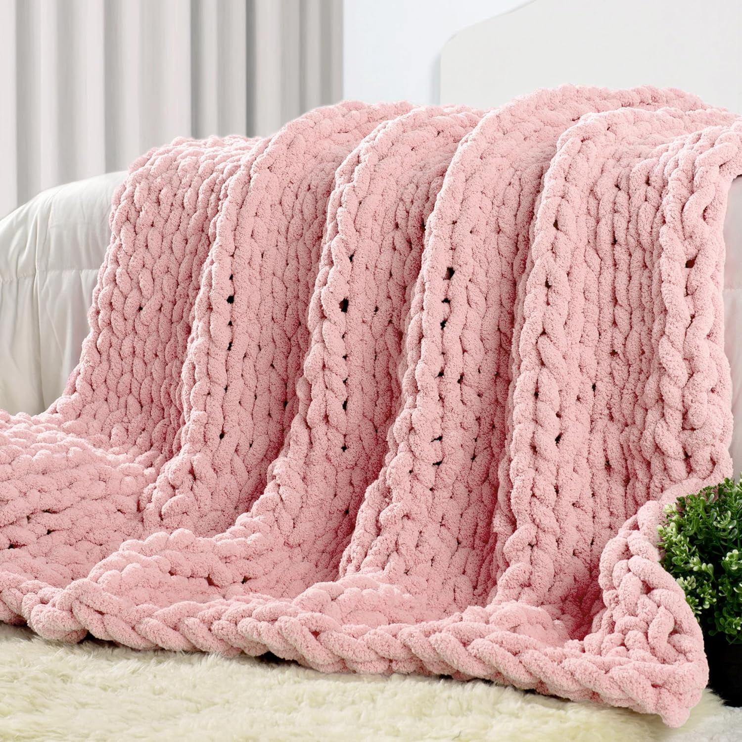 Chunky Knit Throw Blanket 50" X 60", 100 Hand Made Large Chenille Loop