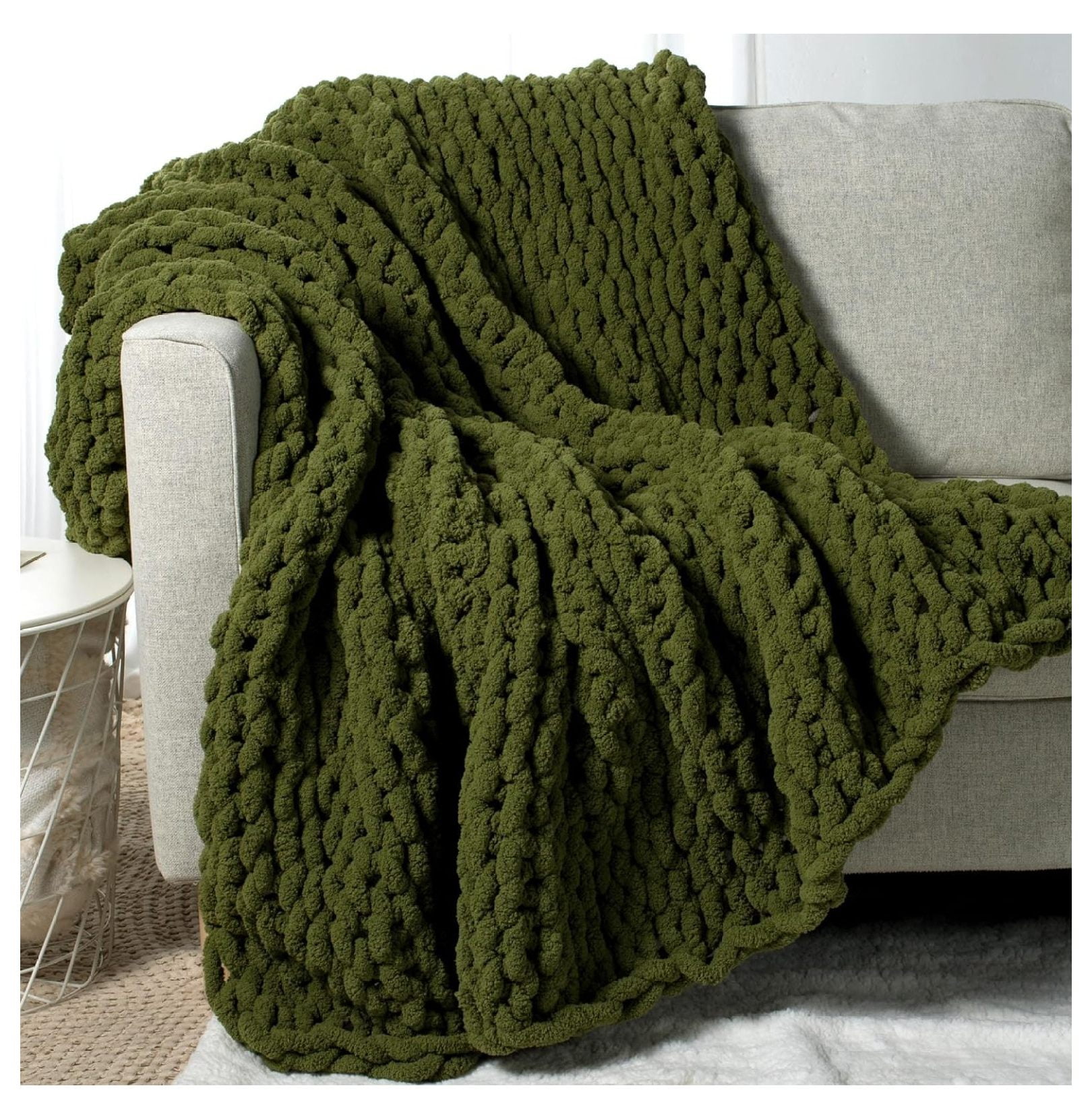 Chunky Knit Throw Blanket 60 X 80 100 Hand Made Large Chenille Loop Yarn Soft Fluffy Throws for Couch Sofa Bed Big Crochet Cozy Heavy Thick Cable Woven Blanket Olive Green