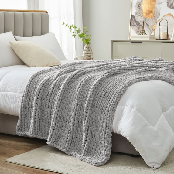 Chunky Knit Throw Blanket Chenille Reversible Bedding Blankets,Gray,40" X 50"