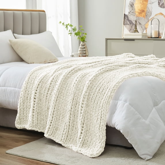 Chunky Knit Throw Blanket Chenille Reversible Bedding Blankets,Ivory,50" X 60"