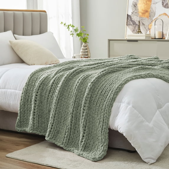 Chunky Knit Throw Blanket Chenille Reversible Bedding Blankets,Sage Green,40" X 50"