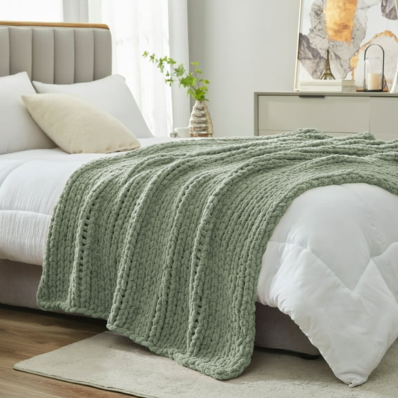 Chunky Knit Throw Blanket Chenille Reversible Bedding Blankets,Sage Green,50" X 60"