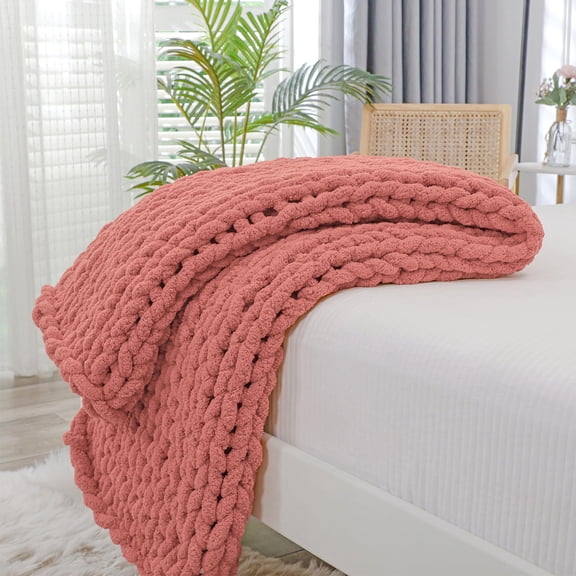 Chunky Knit Throw Blanket For Couch 40x40 Inches 100% Hand Knitted With Thick Jumbo Chenille Yarn Cozy Soft Large Rope Knot Cable Crochet Blankets Sofa Bed Living Room Antique Red
