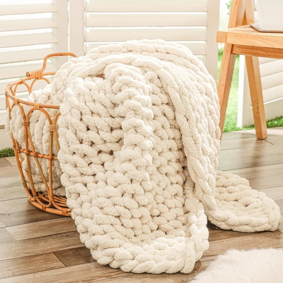Chunky Knit Throw Blanket For Couch 40x60 Inches 100 Hand Knitted With Thick Jumbo Chenille Yarn Cozy Soft Large Rope Knot Cable Crochet Blankets For Sofa Bed Living Room Beige