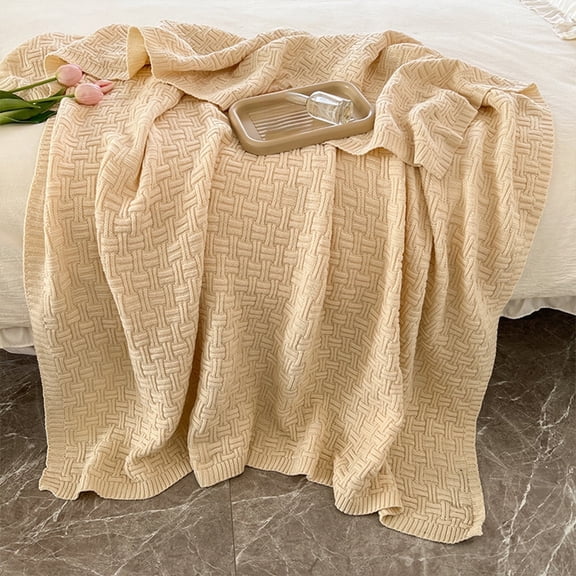 Chunky Knit Throw Blanket | Soft Acrylic Cable Knit Blanket with Rope Knot Design | 70x100cm Beige Blanket for Couch, Bed & Sofa | Machine Washable