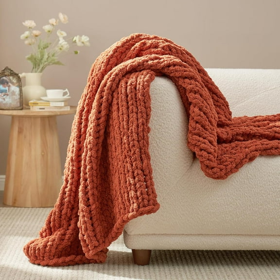 Chunky Knit Throw Blanket for Couch, Soft Chenille Crochet Blanket for Sofa, 50"x60", Burnt Orange
