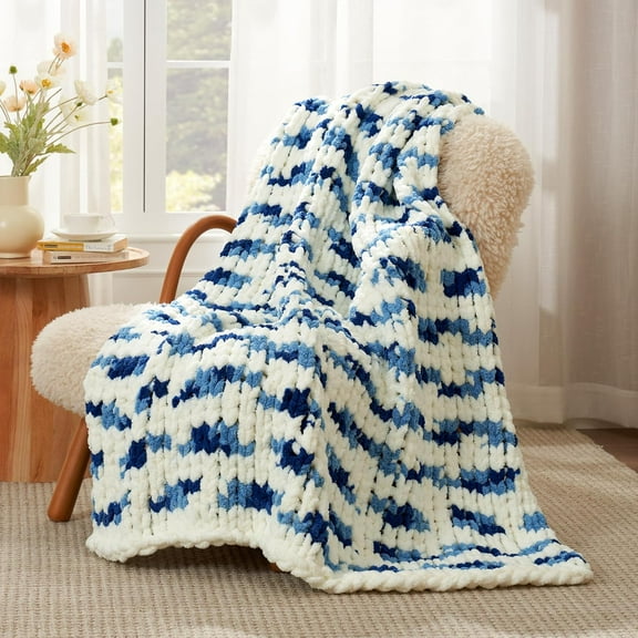 Chunky Knit Throw Blanket for Couch, Soft Chenille Crochet Blanket for Sofa, 50"x60", Space-Dyed Blue Striped