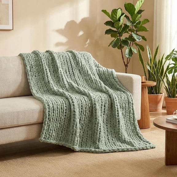 Chunky Knit Throw Blanket for Couch, Soft Chenille Handmade Crochet Throw Rope Knot Blanket for Sofa, 50"x60", Sage Green