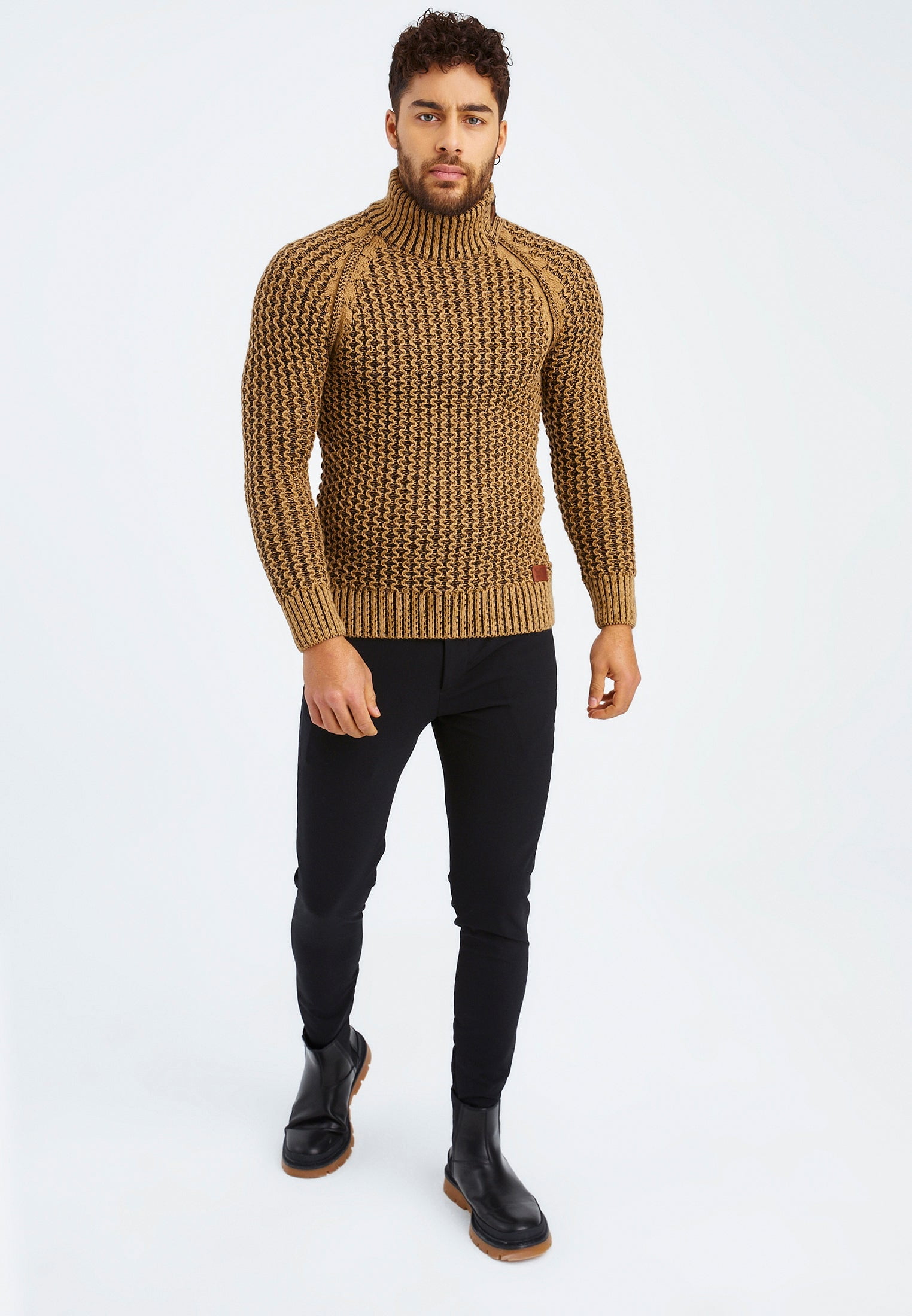 Light Brown Knit Wool Oversized Long Sleeve Turtleneck Pullover Sweater main image 0
