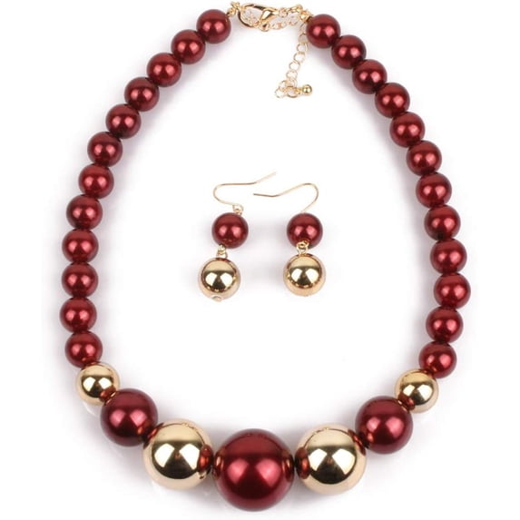 Chunky Large Simulated Pearl Choker Necklace Drop Dangle Earrings Crystal Bib Big Round Beaded Strand Multicolor Costume Statement Wedding Jewelry Set for Women Brides