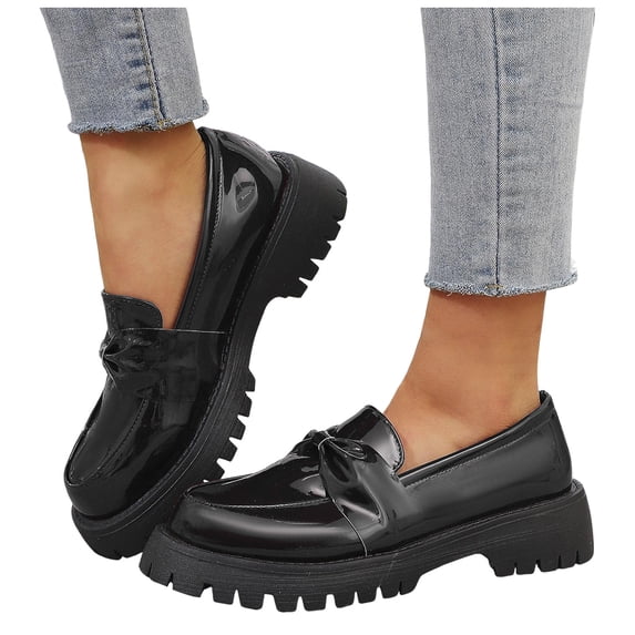 Chunky Loafers for Women Cute Bowtie Round Toe Leather Slip on Penny Loafers Lug Sole Casual Dressy Work Shoes Black Size 9.5