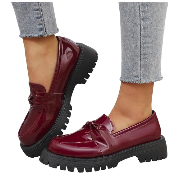 Chunky Loafers for Women Cute Bowtie Round Toe Leather Slip on Penny Loafers Lug Sole Casual Dressy Work Shoes Wine Size 9