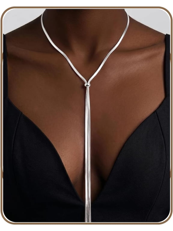 Chunky Long Y Necklace for Women, Waterproof Herringbone Drop Dangle Necklace, Adjustable Lightweight Trendy Fashion Slip Tie Necklace, Thin Layered Choker Chest Chain
