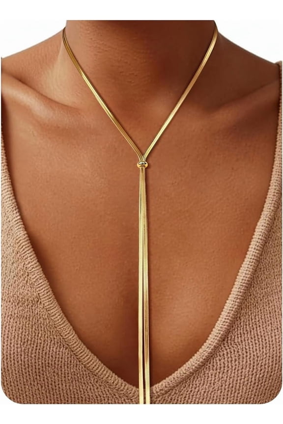 Chunky Long Y Necklace for Women, Waterproof Herringbone Drop Dangle Necklace, Adjustable Lightweight Trendy Fashion Slip Tie Necklace, Thin Layered Choker Chest Chain