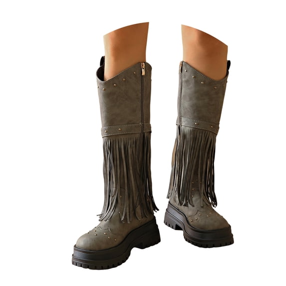 Chunky Lug Sole Riding Boots for Women Round Toe Tassel Studded Mid Calf Buckle Strappy Zipper Booties