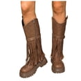 thumbnail image 1 of Chunky Lug Sole Riding Boots for Women Round Toe Tassel Studded Mid Calf Buckle Strappy Zipper Booties, 1 of 8