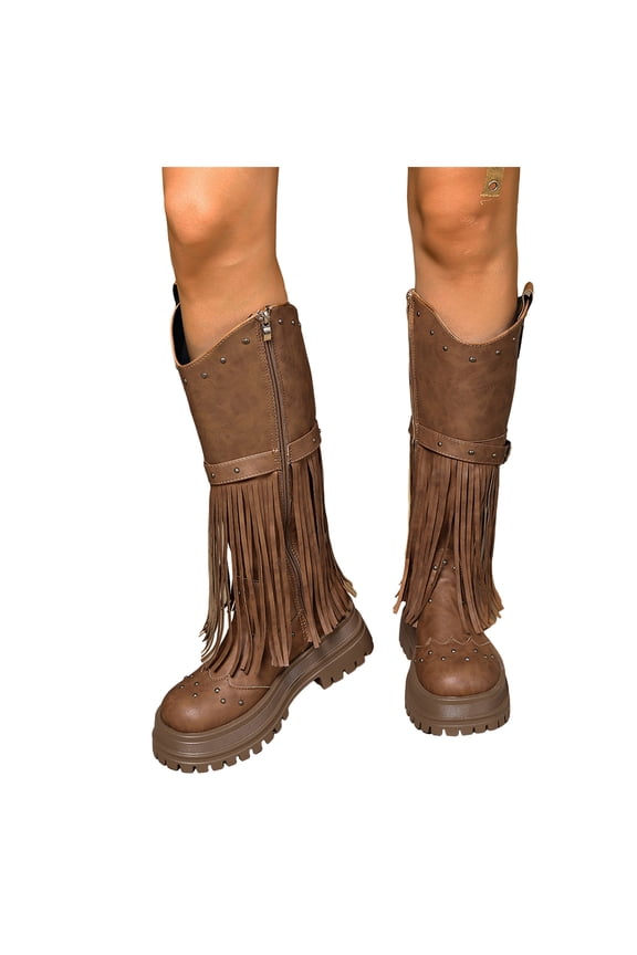 Chunky Lug Sole Riding Boots for Women Round Toe Tassel Studded Mid Calf Buckle Strappy Zipper Booties