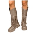 thumbnail image 1 of Chunky Lug Sole Riding Boots for Women Round Toe Tassel Studded Mid Calf Buckle Strappy Zipper Booties, 1 of 7